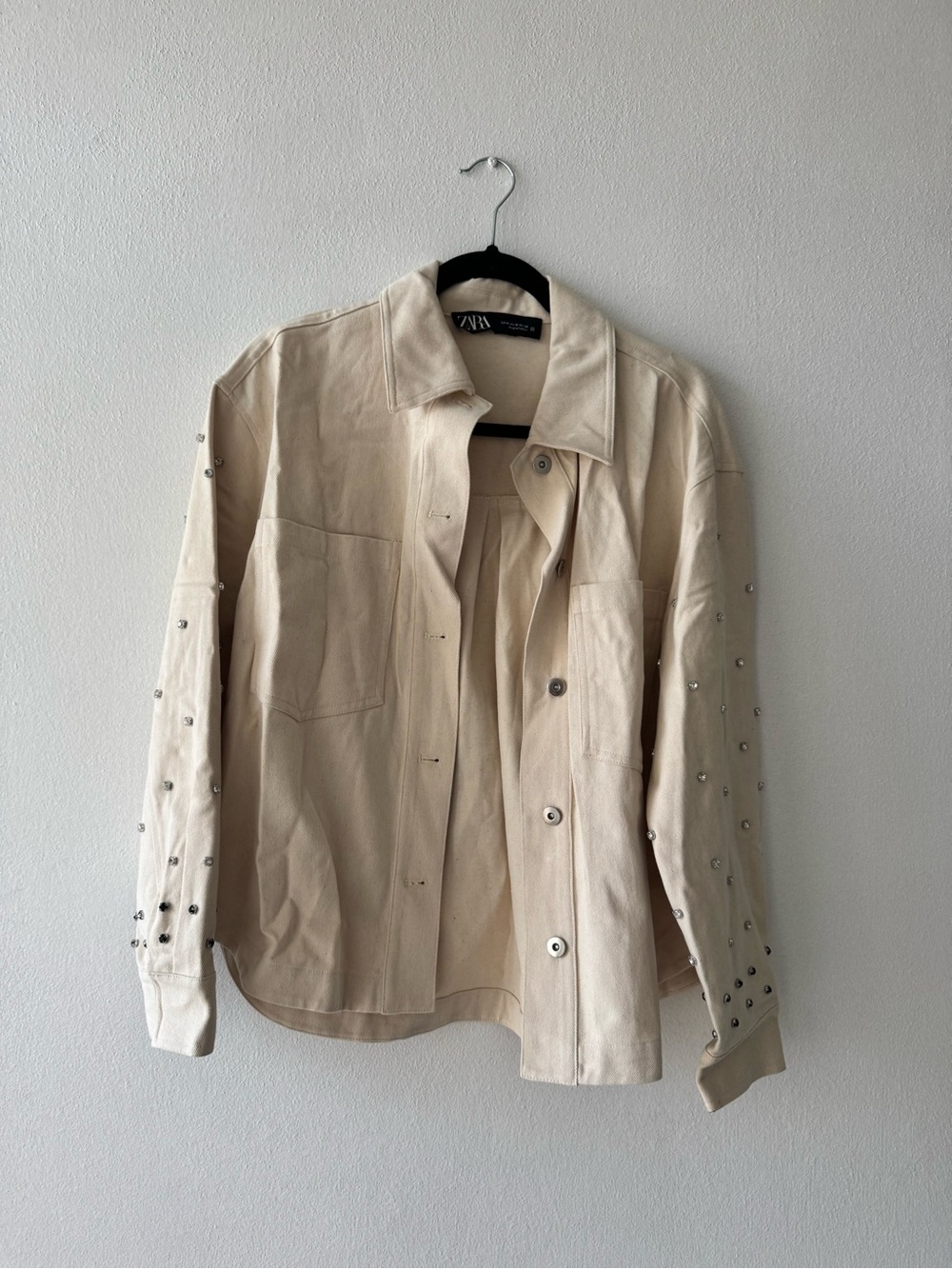 ZARA Cream Stud-Trim Denim Jacket